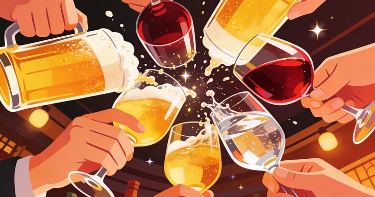 Waterfall drinking game — friends starting a chain drinking cascade